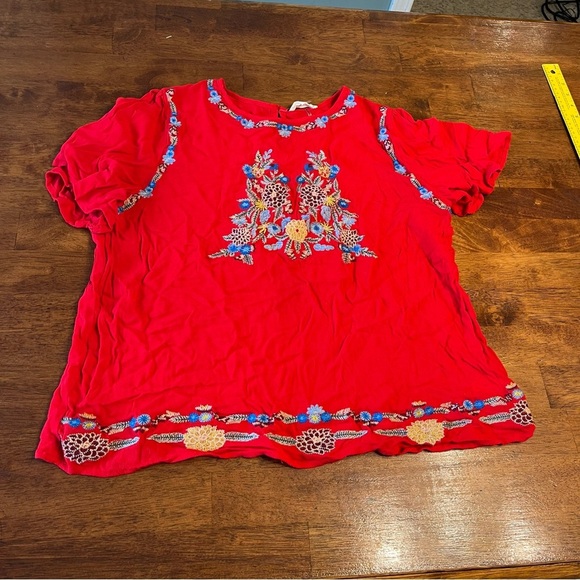 Entro red embroidered blouse size 1X runs small check measurements - Picture 1 of 6